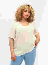 Katoenen blouse met borduursel en korte mouwen, Buttercream, Model