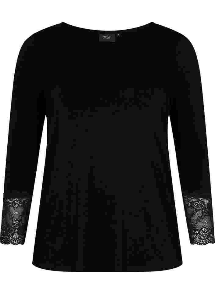 Viscose blouse met lange mouwen en kantdetails, Black, Packshot image number 0