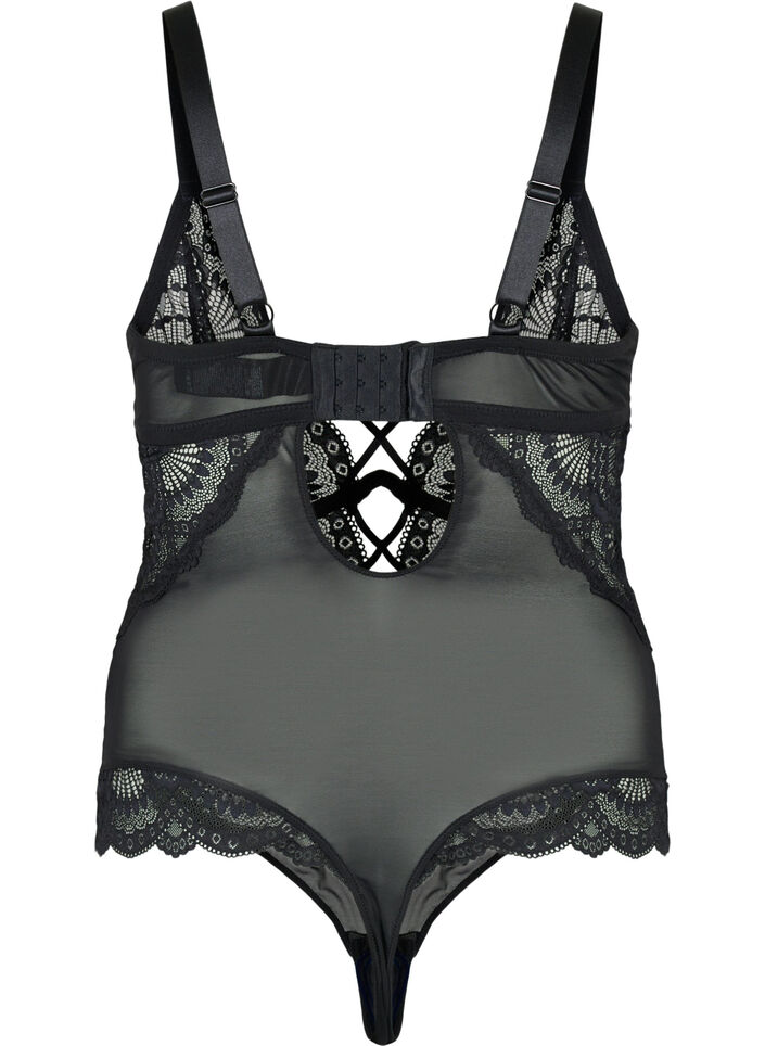 Kanten bodystocking met touwtjes, Zwart, Packshot image number 1