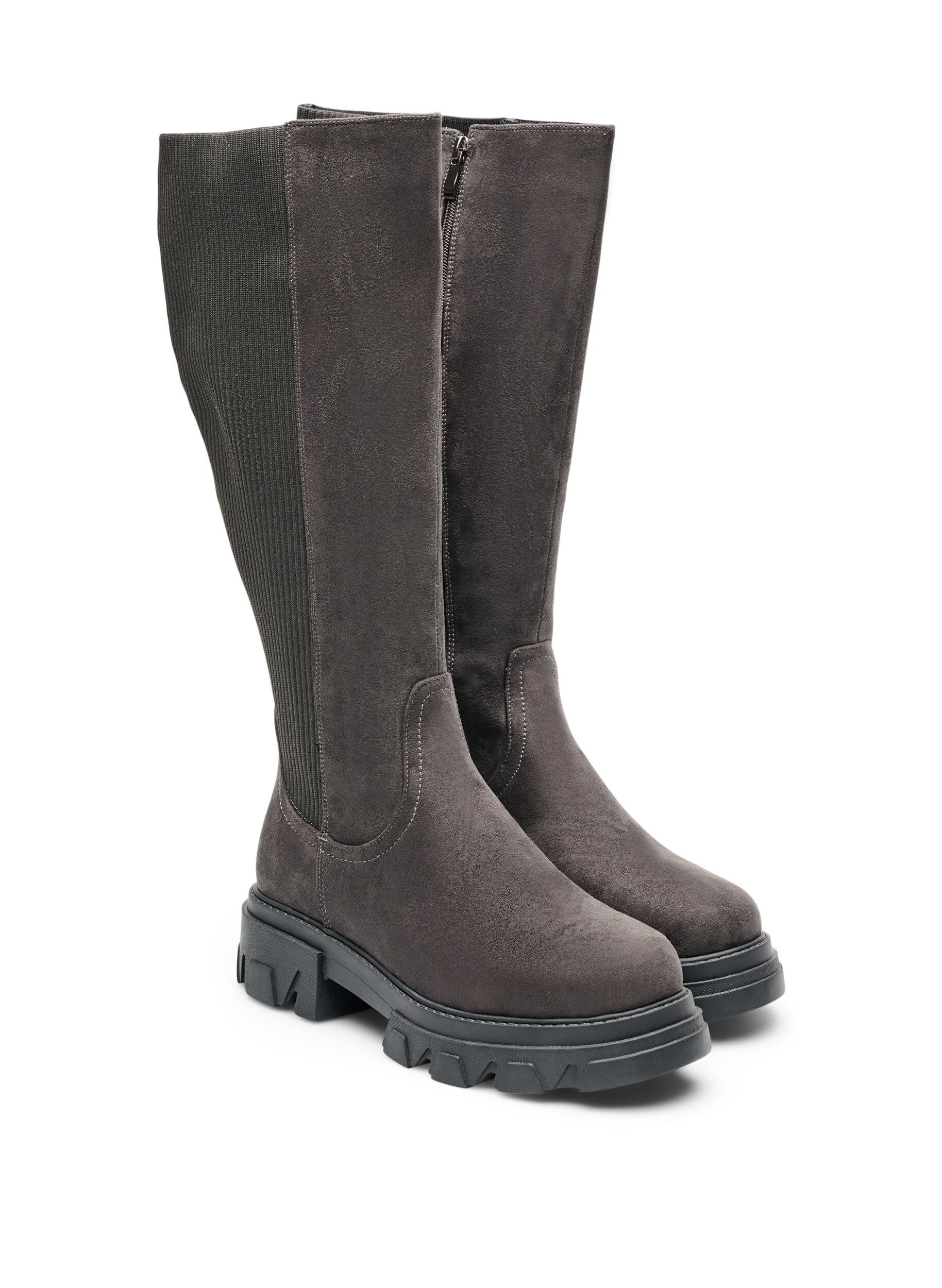 ZizziLange laars met een geribde elastische schacht en grove zool, Bruin, Packshot image number 1