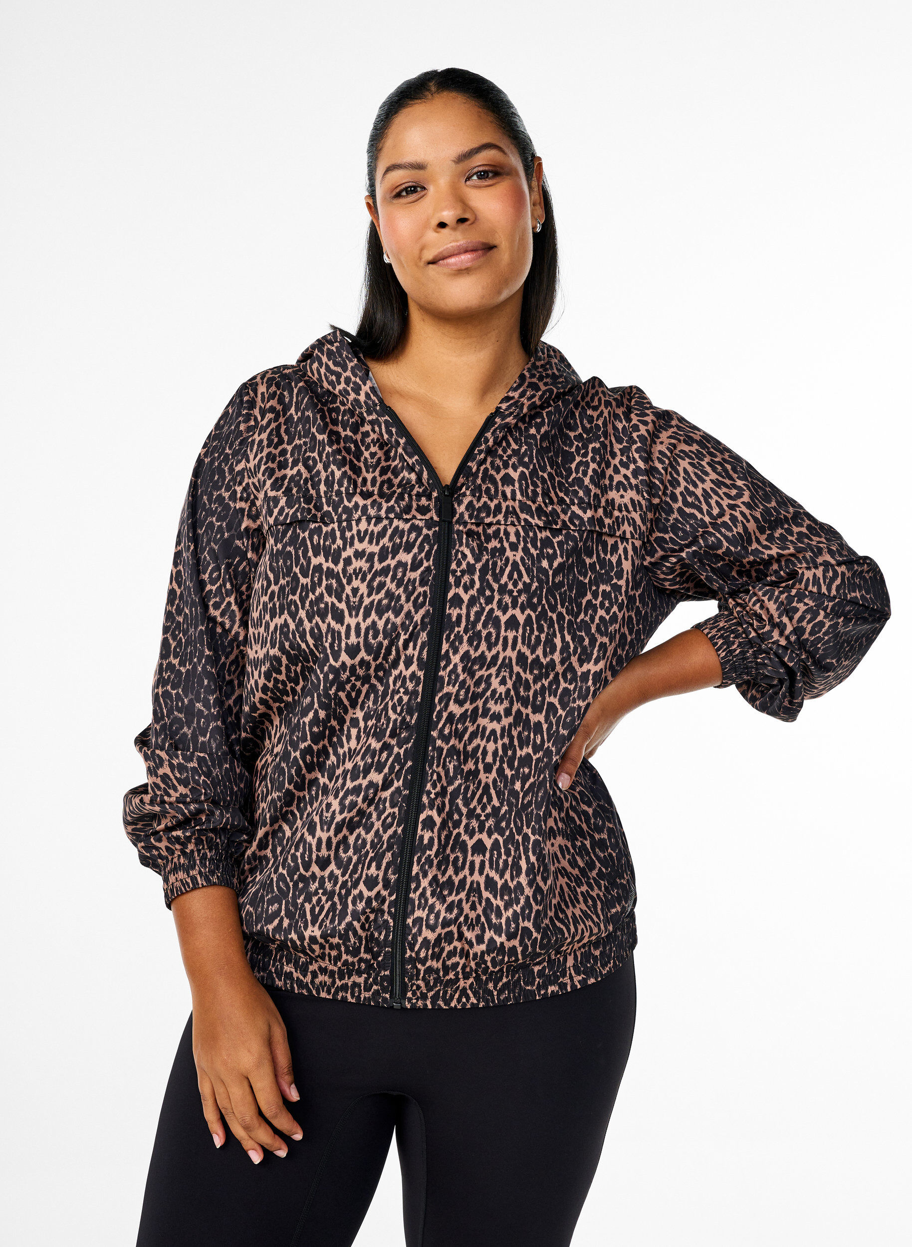ZizziSportjas met luipaard print en capuchon, Bruin, Model image number 0