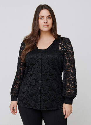 Kanten blouse met lange pofmouwen, Black, Model image number 0