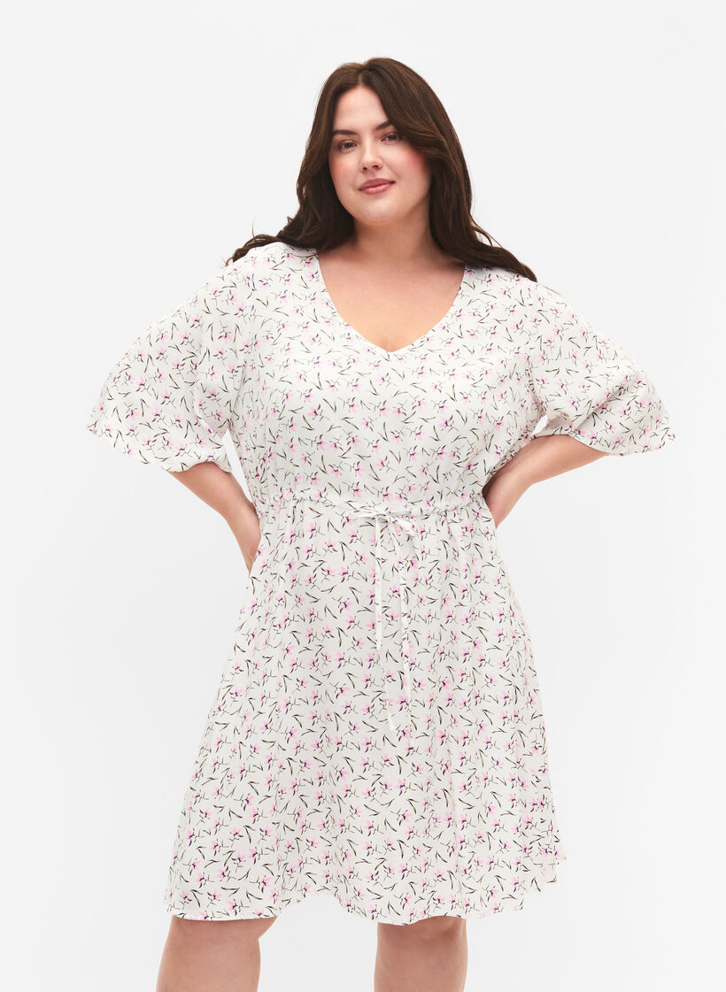 Robe à manches 1/2 avec imprimé floral en viscose, White Purple Flower, Model image number 0