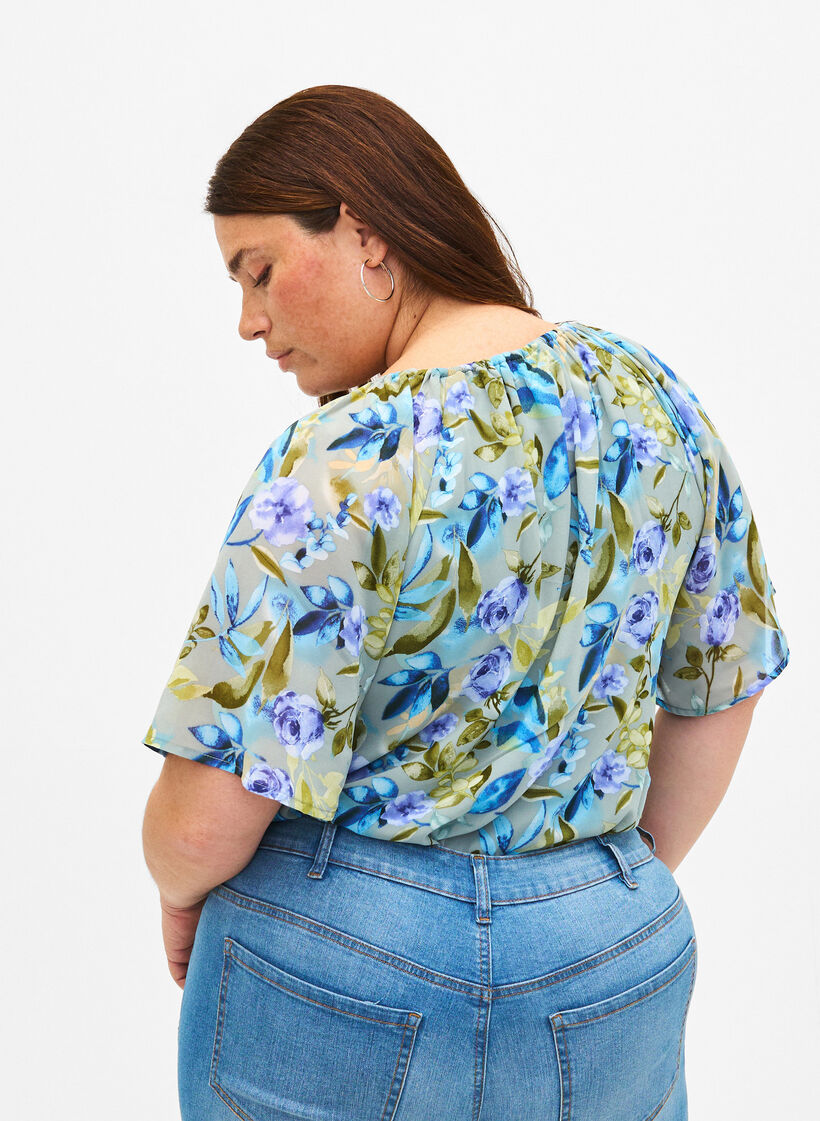 Chemisier de soirée floral à manches courtes, Wrought Iron AOP, Model image number 1