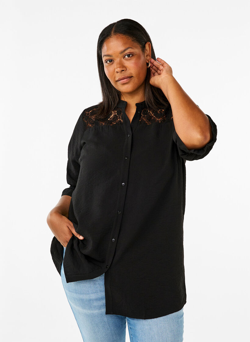 Lang viscose shirt met kanten detail, Black, Model image number 0