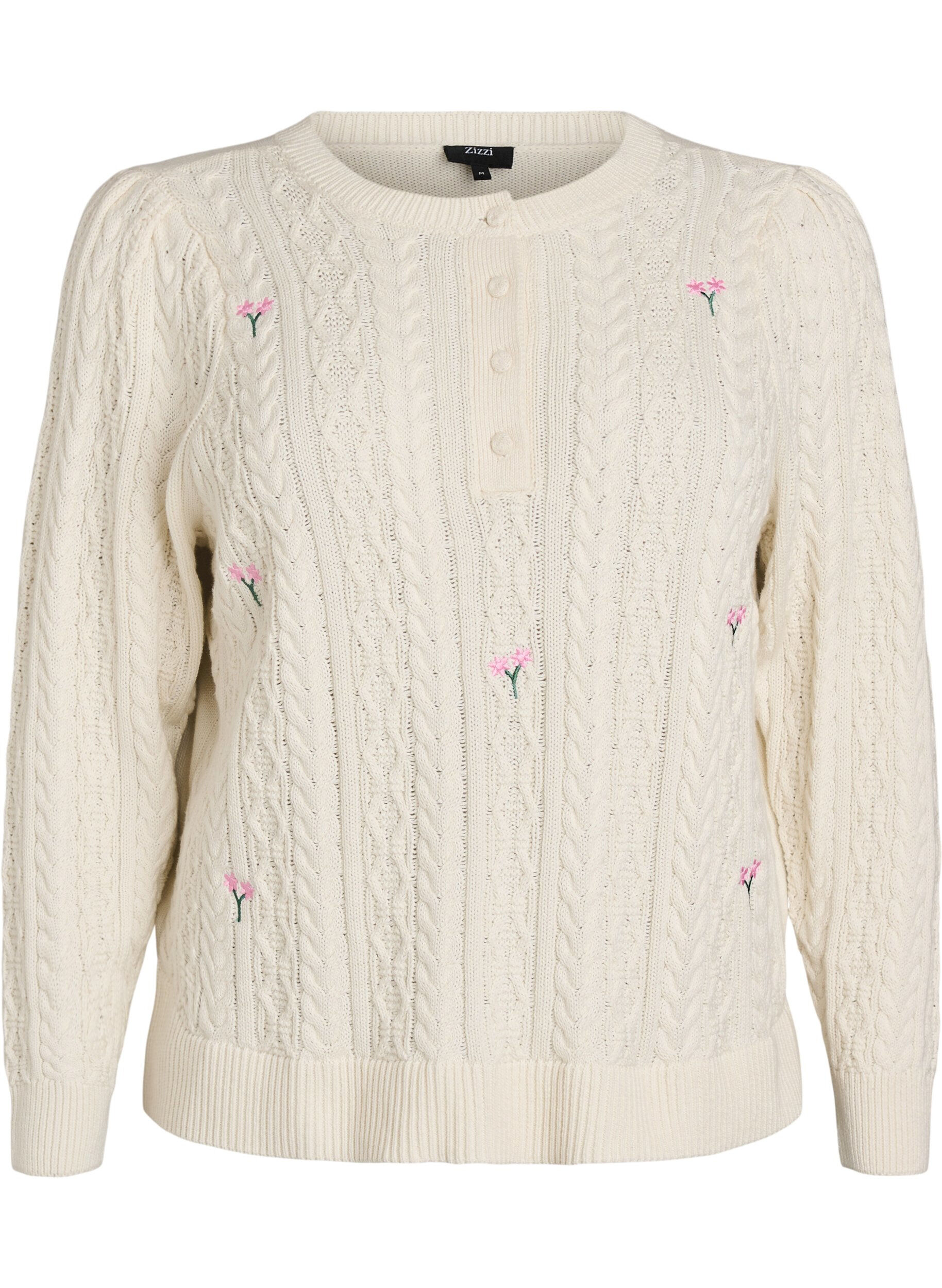 Zizzi Blouse en maille avec motif torsad&eacute; et fleurs brod&eacute;es, Blanc, Packshot image number 0