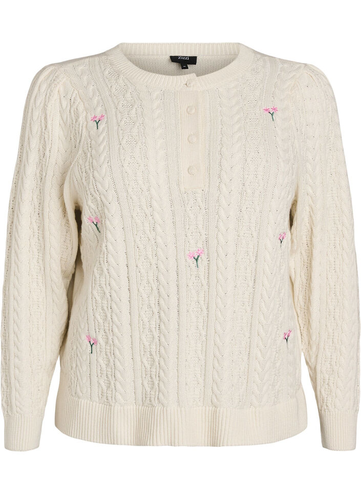 Blouse en maille avec motif torsad&eacute; et fleurs brod&eacute;es, Blanc, Packshot image number 0