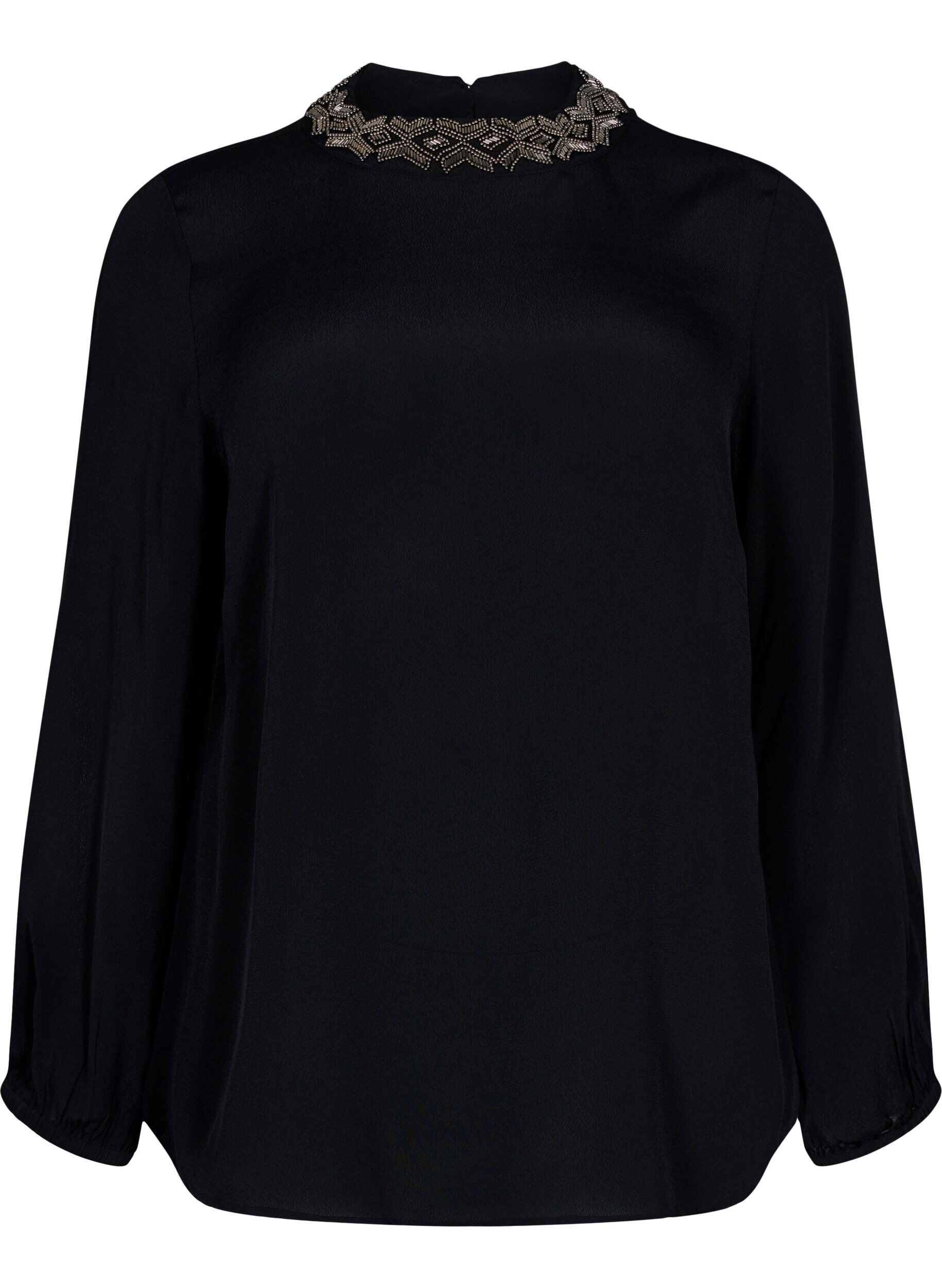 ZizziViscose blouse met lange mouwen en parels, Black, Packshot image number 0