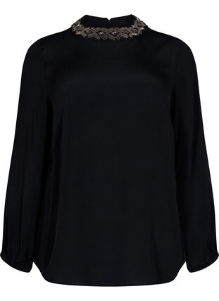 Viscose blouse met lange mouwen en parels, Black, Packshot image number 0