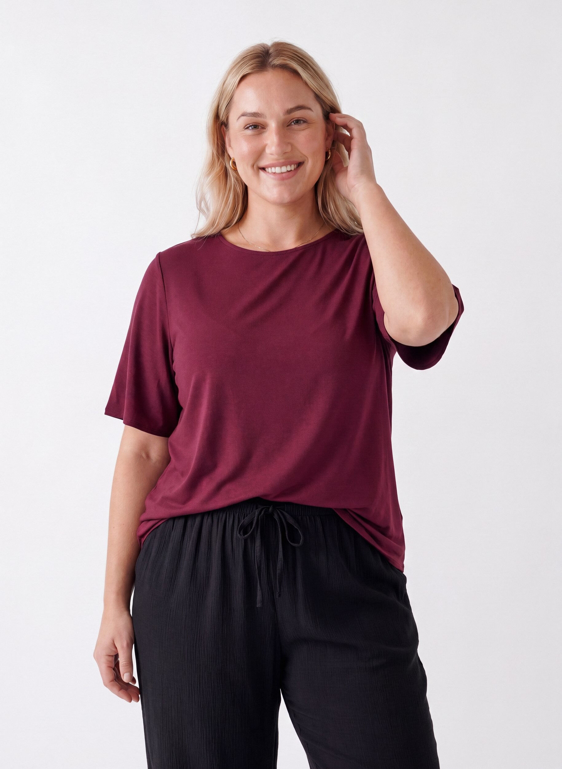 ZizziGeweven blouse met korte mouwen en ronde hals, Rood, Model image number 0