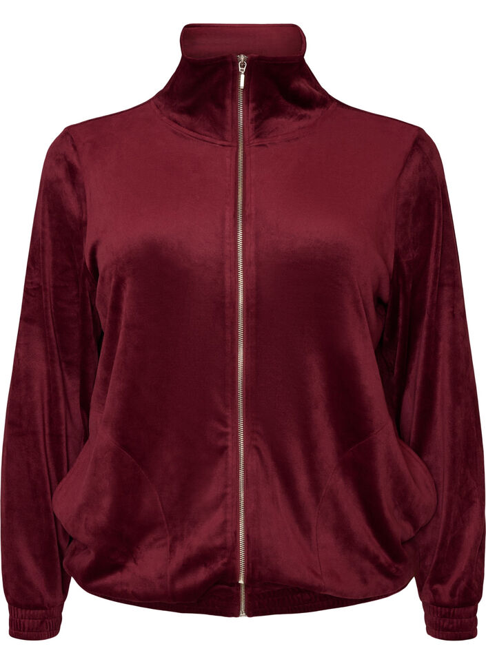 Cardigan en velours doux avec fermeture zipp&eacute;e et col montant, Bordeaux, Packshot image number 0