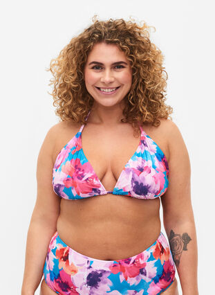 Driehoekige bikinitop met print, Pink Flower, Model image number 0