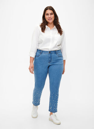 Emily jeans coupe slim avec des perles, Light Blue, Model image number 0