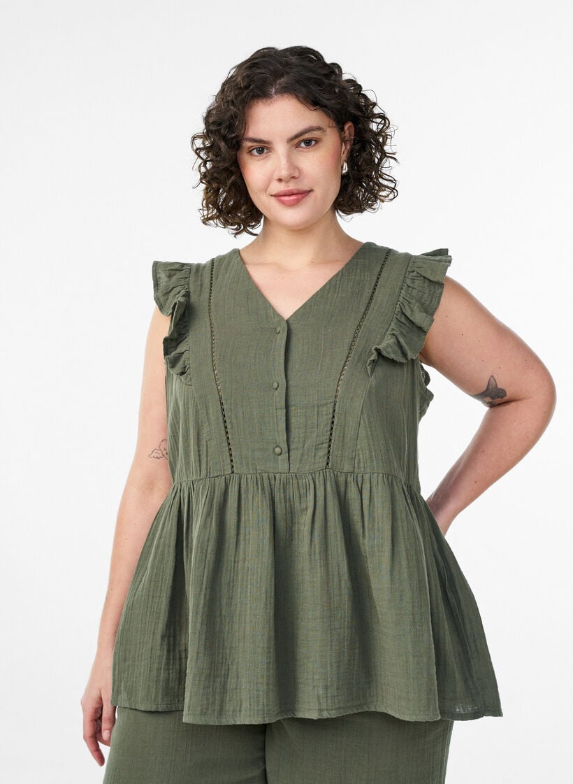 Blouse sans manches en mousseline de coton avec volants, Vert, Model image number 0