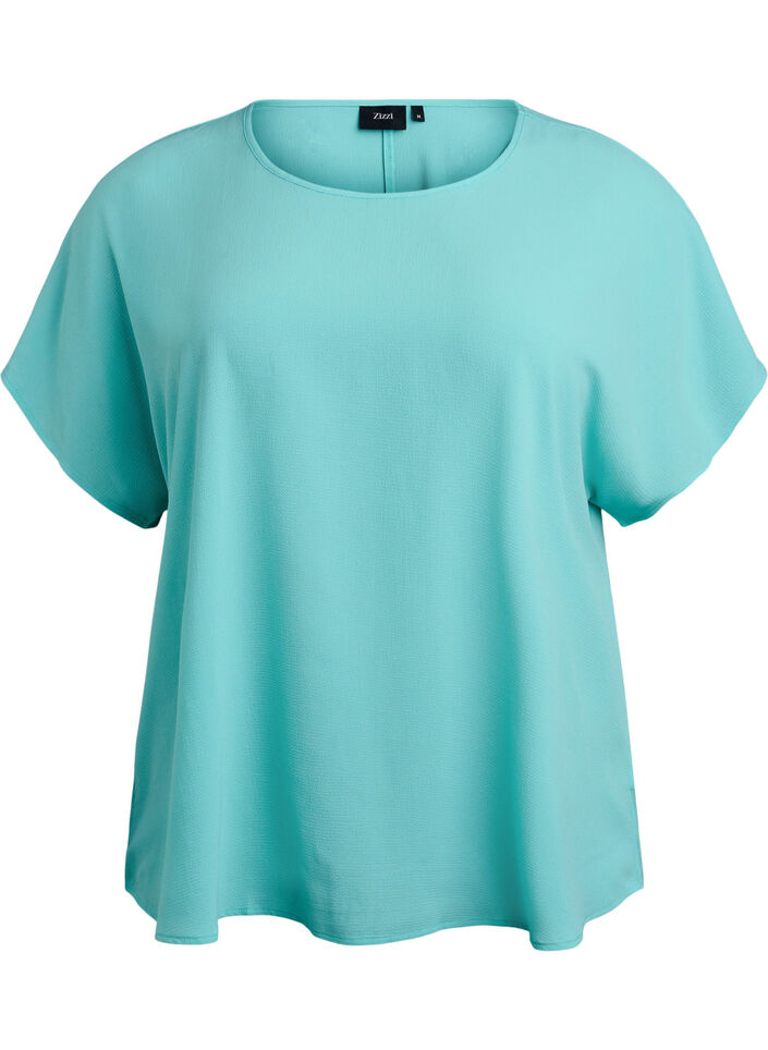 Blouse met korte mouwen en een ronde halslijn, Blauw, Packshot image number 0