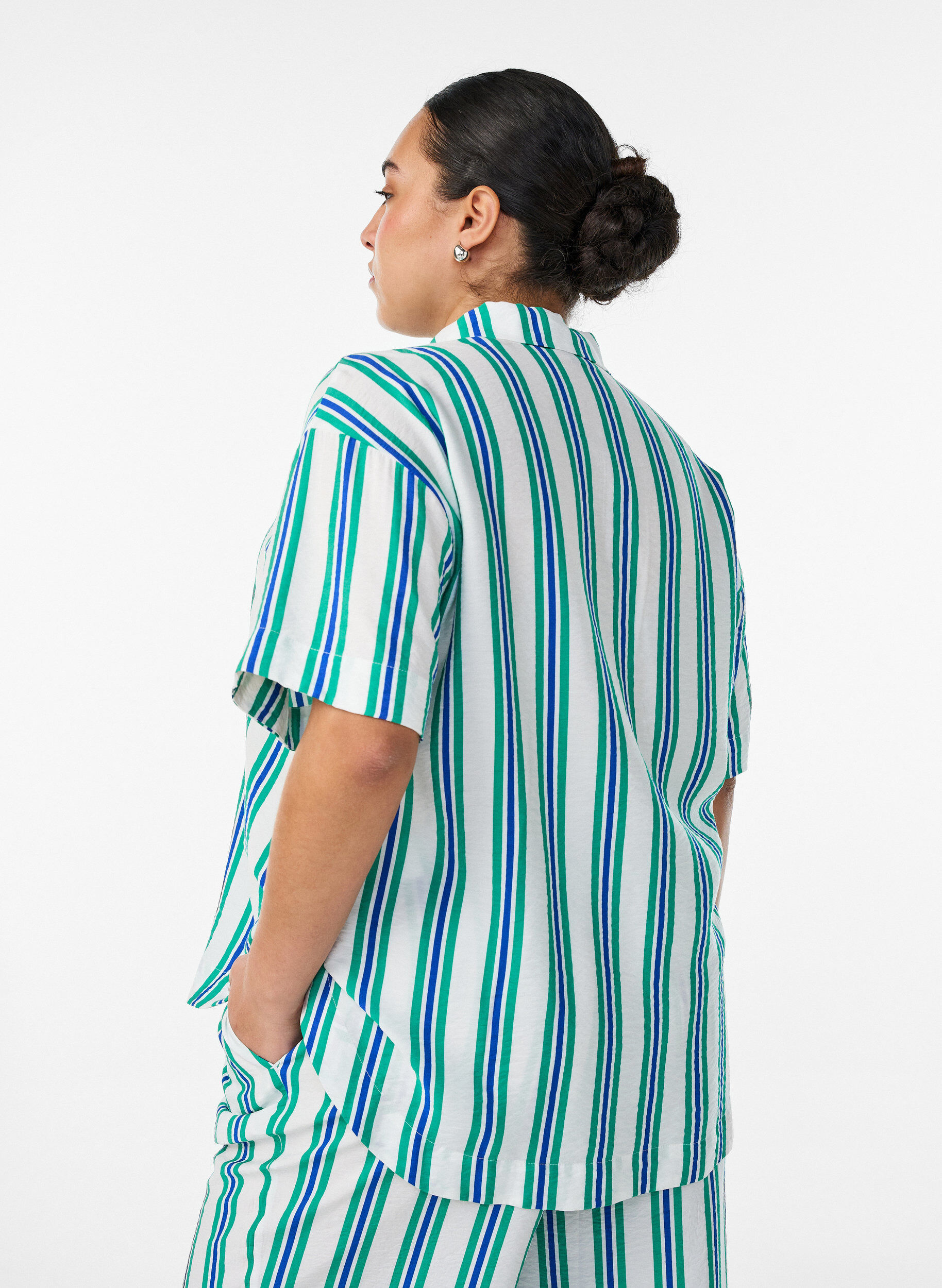 ZizziGestreepte viscose shirt met korte mouwen, Vanille, Model image number 2