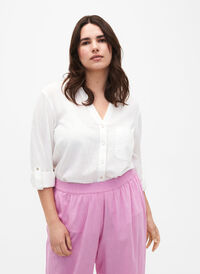 Shirtblouse met knoopsluiting van katoen-linnenmix, Bright White, Model