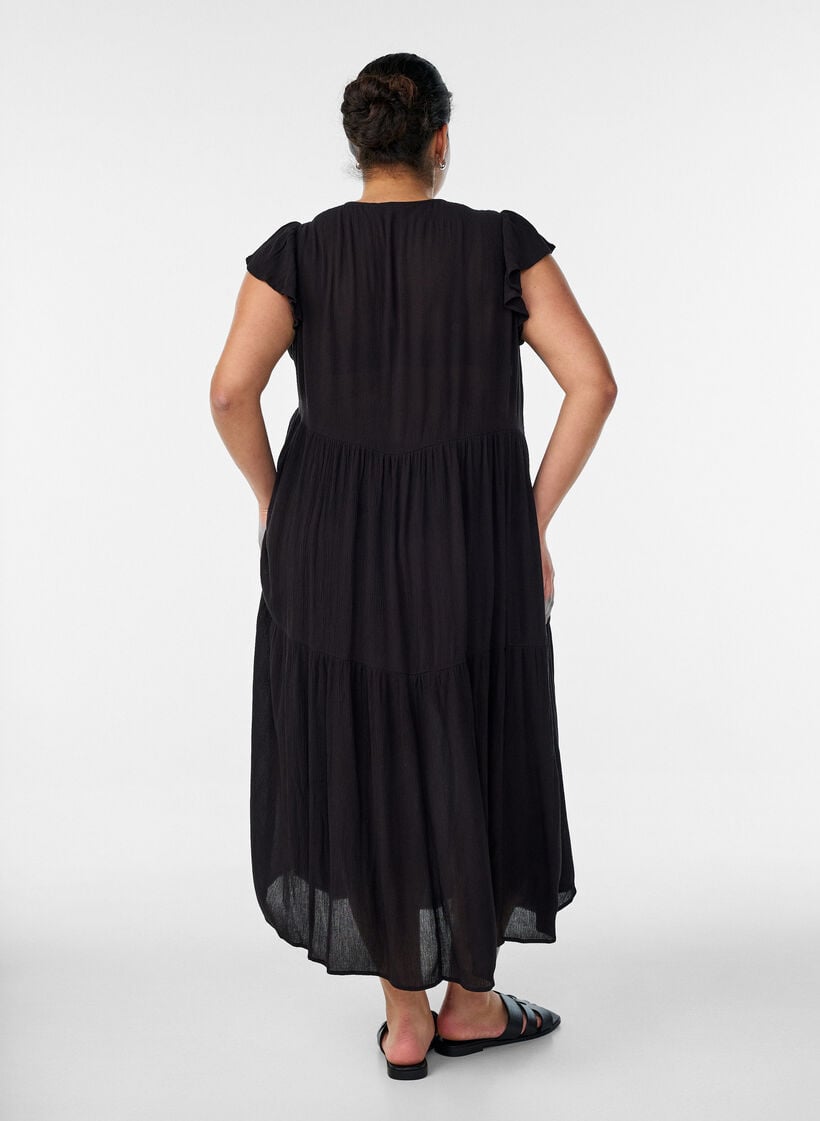 Robe midi en viscose avec manches &agrave; volants, Noir, Model image number 1