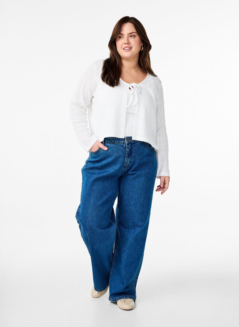 Cardigan en jersey textur&eacute; avec lien &agrave; nouer devant, Blanc, Model image number 1