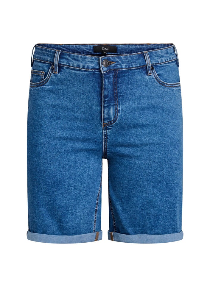 Strakzittende denim shorts met een hoge taille, Blauw, Packshot image number 0