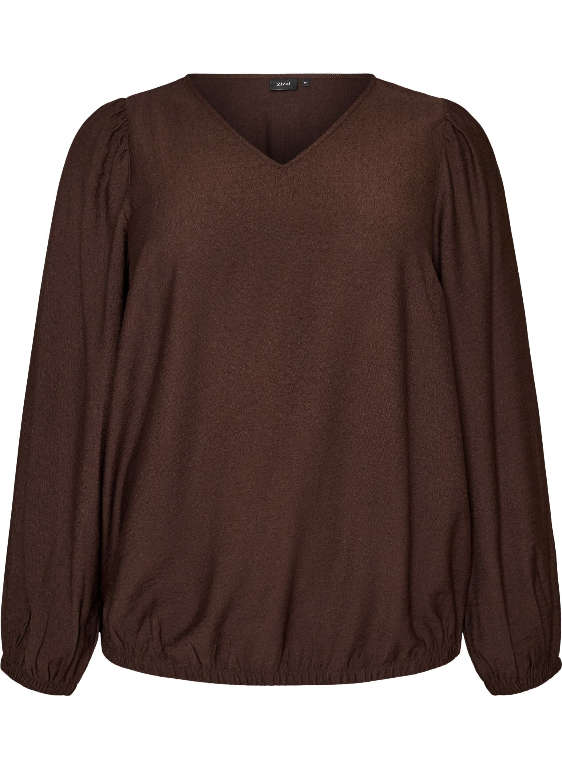 ZizziViscose blouse met V-hals en ballonvormig silhouet, Bruin, Packshot image number 0