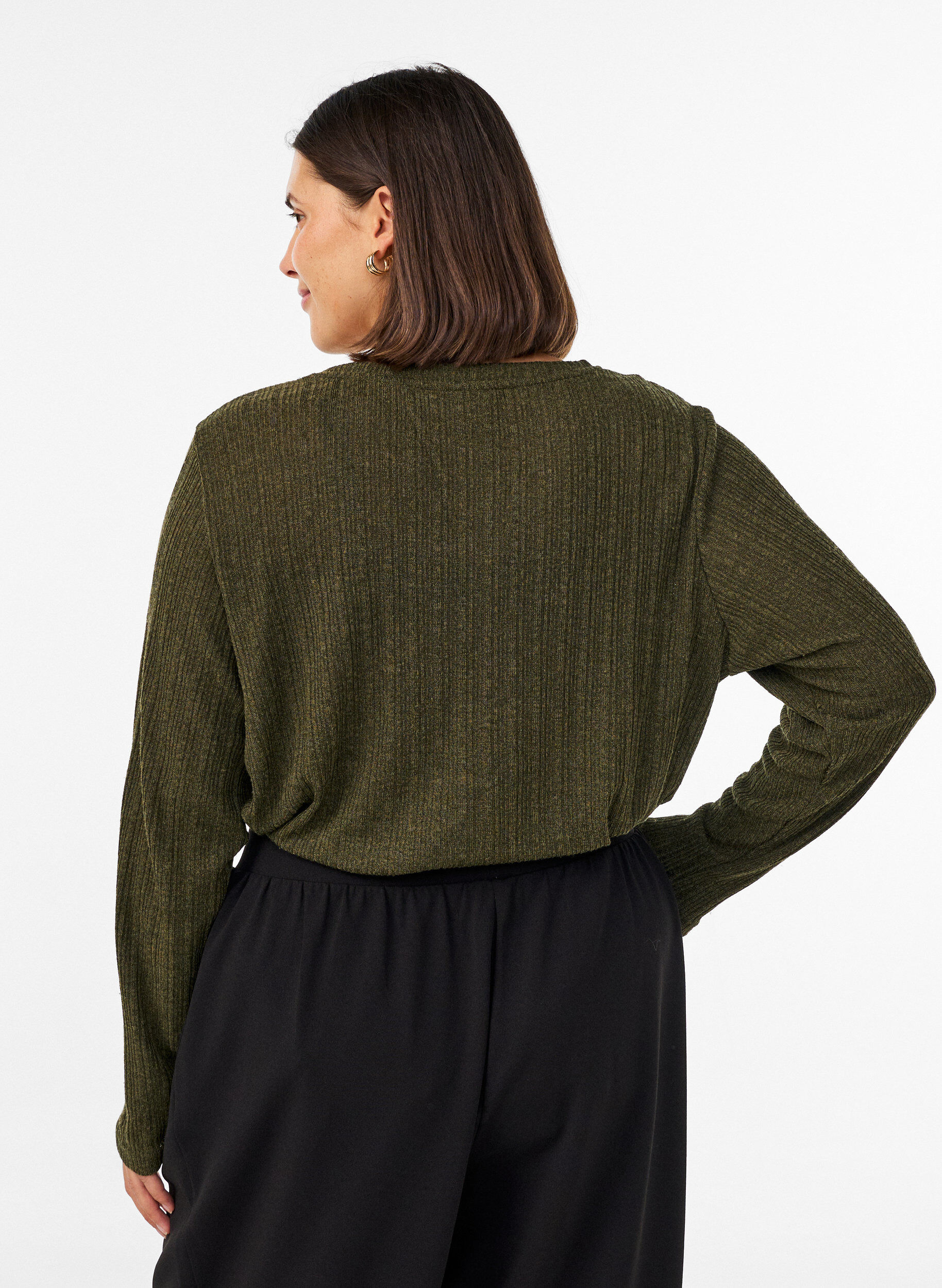 ZizziBlouse en jersey avec structure c&ocirc;tel&eacute;e et manches longues, Vert fonc&eacute;, Model image number 2