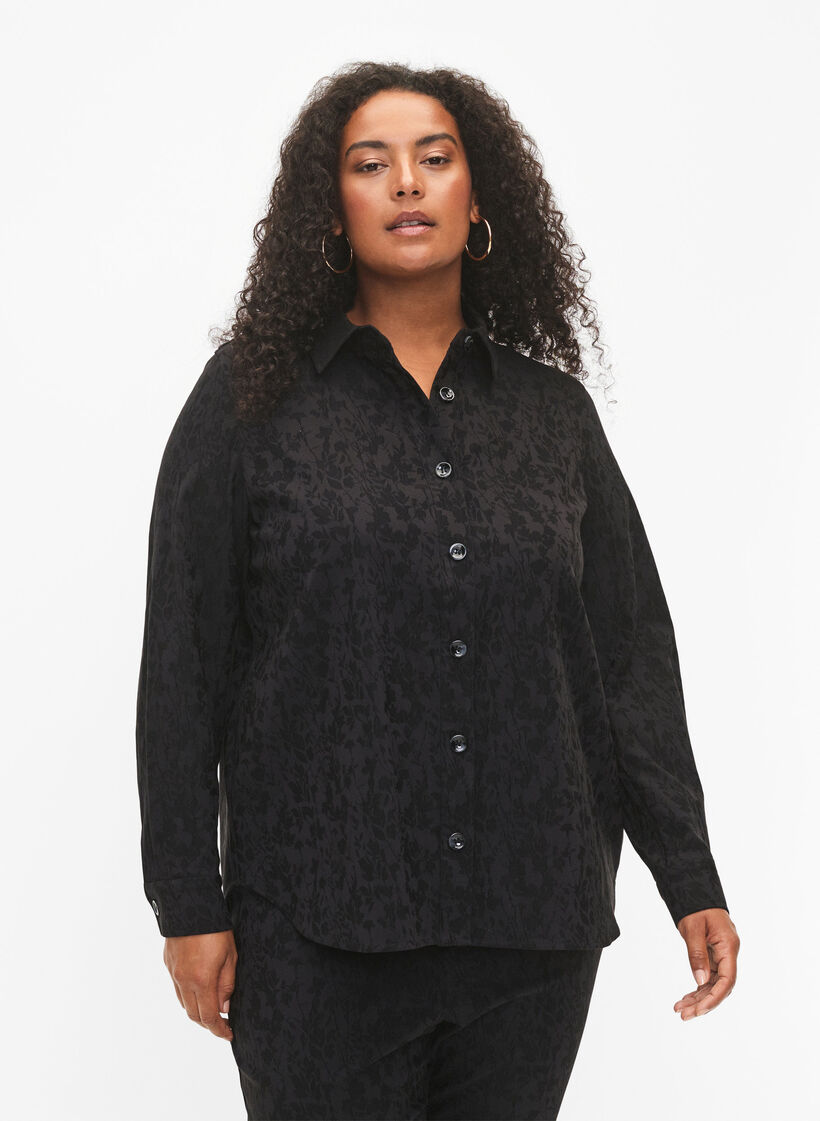 Veste chemise en viscose avec motif ton sur ton, Black, Model image number 0