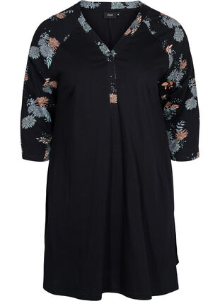 robe de nuit en coton avec détail imprimé, Black Flower AOP, Packshot image number 0