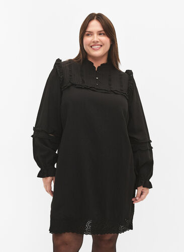 Viscose jurk met Engels borduurwerk en ruches, Black, Model image number 0