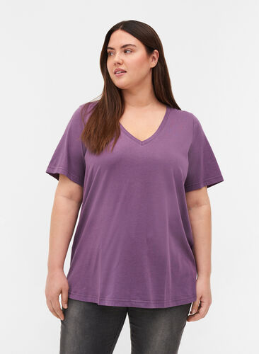 T-shirt en coton bio à col V, Vintage Violet, Model image number 0
