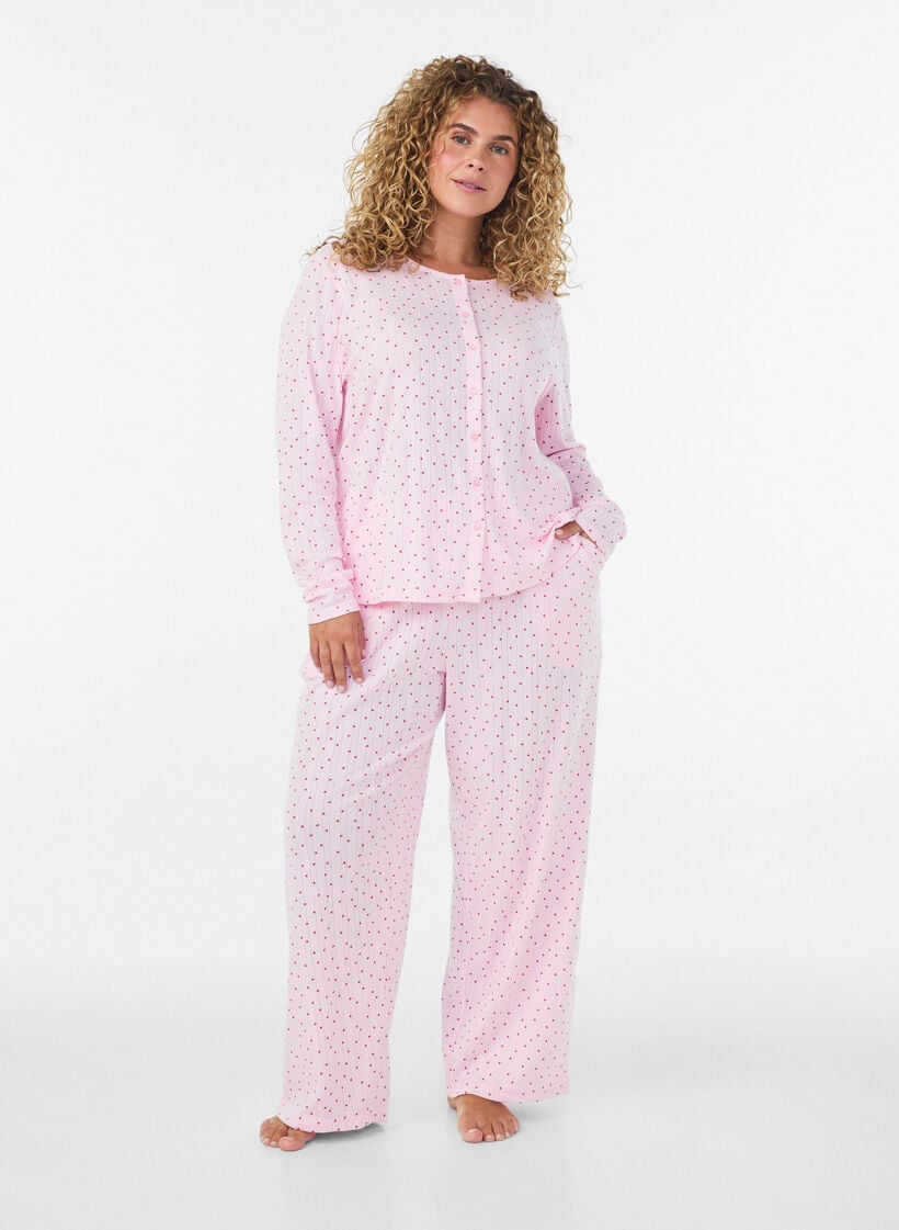 Organisch katoenen pyjamabroek met oogjesborduurwerk, Roze, Model image number 1