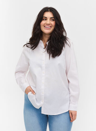 Chemise à manches longues en coton, Bright White, Model image number 0