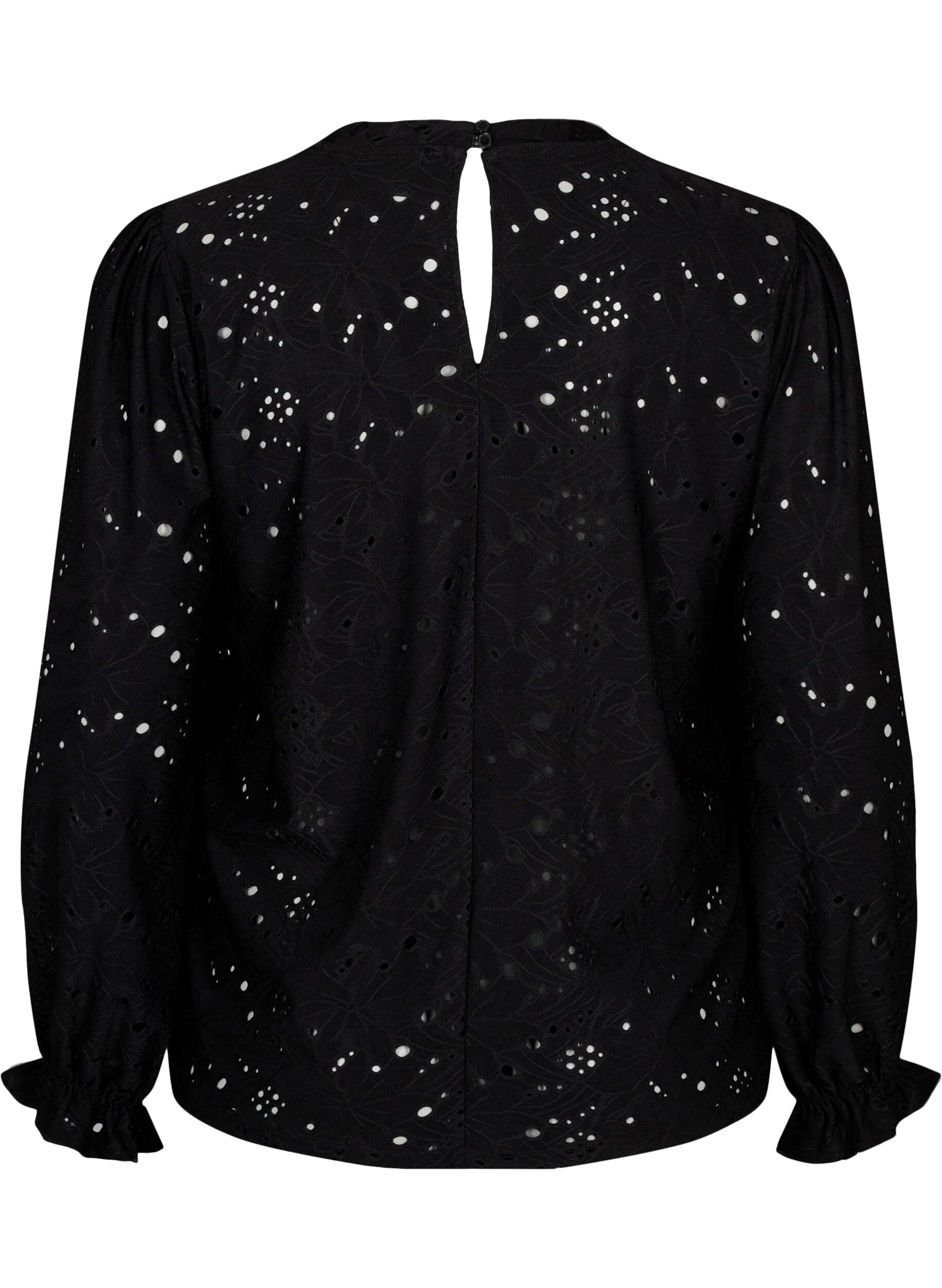 ZizziBlouse met lange mouwen en gaatjespatroon, Black, Packshot image number 1
