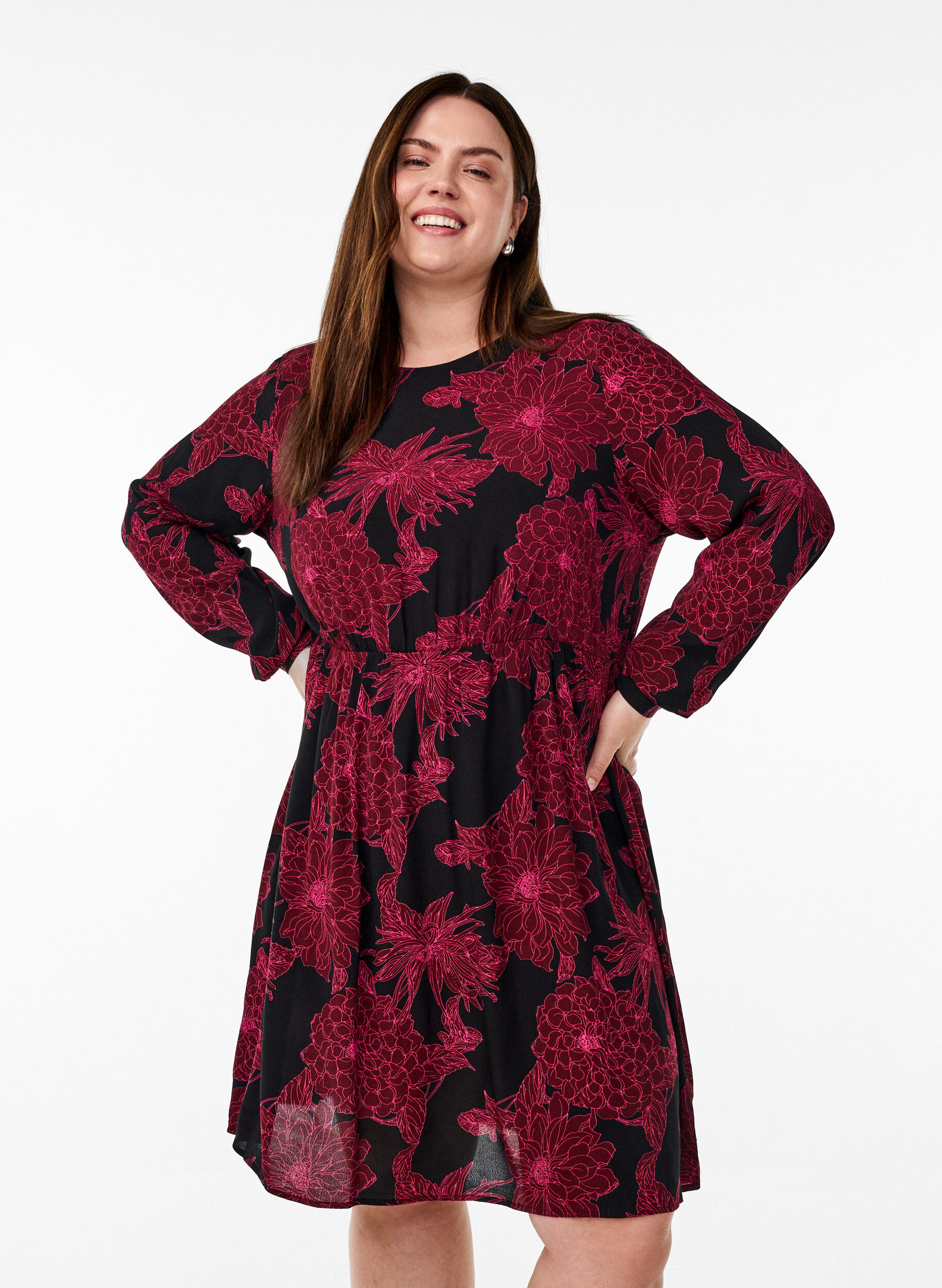 Viscose jurk met print en lange mouwen, Donker Bordeaux, Model