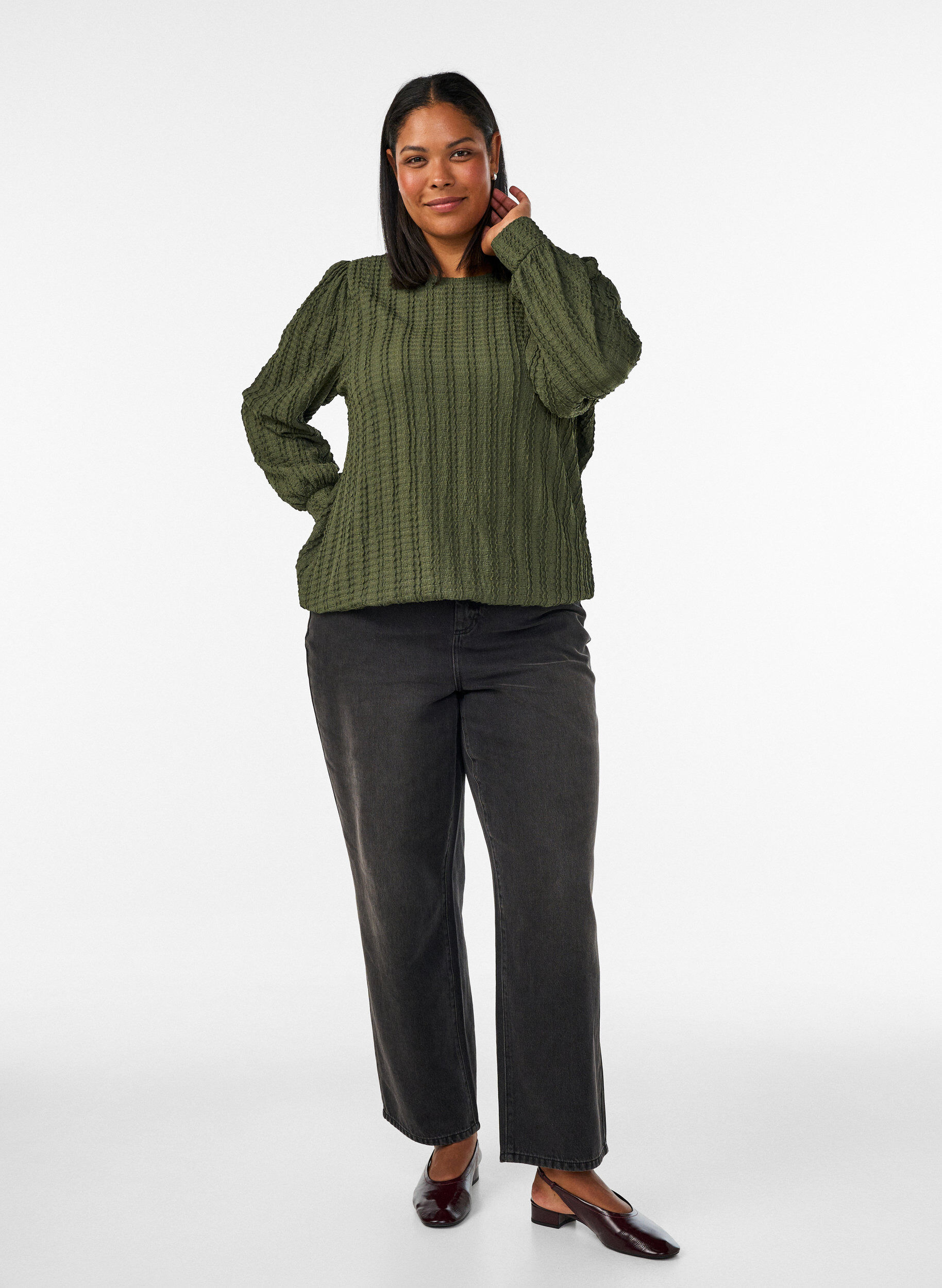 ZizziJersey blouse met structuur en ballonsilhouet, Groen, Model image number 1