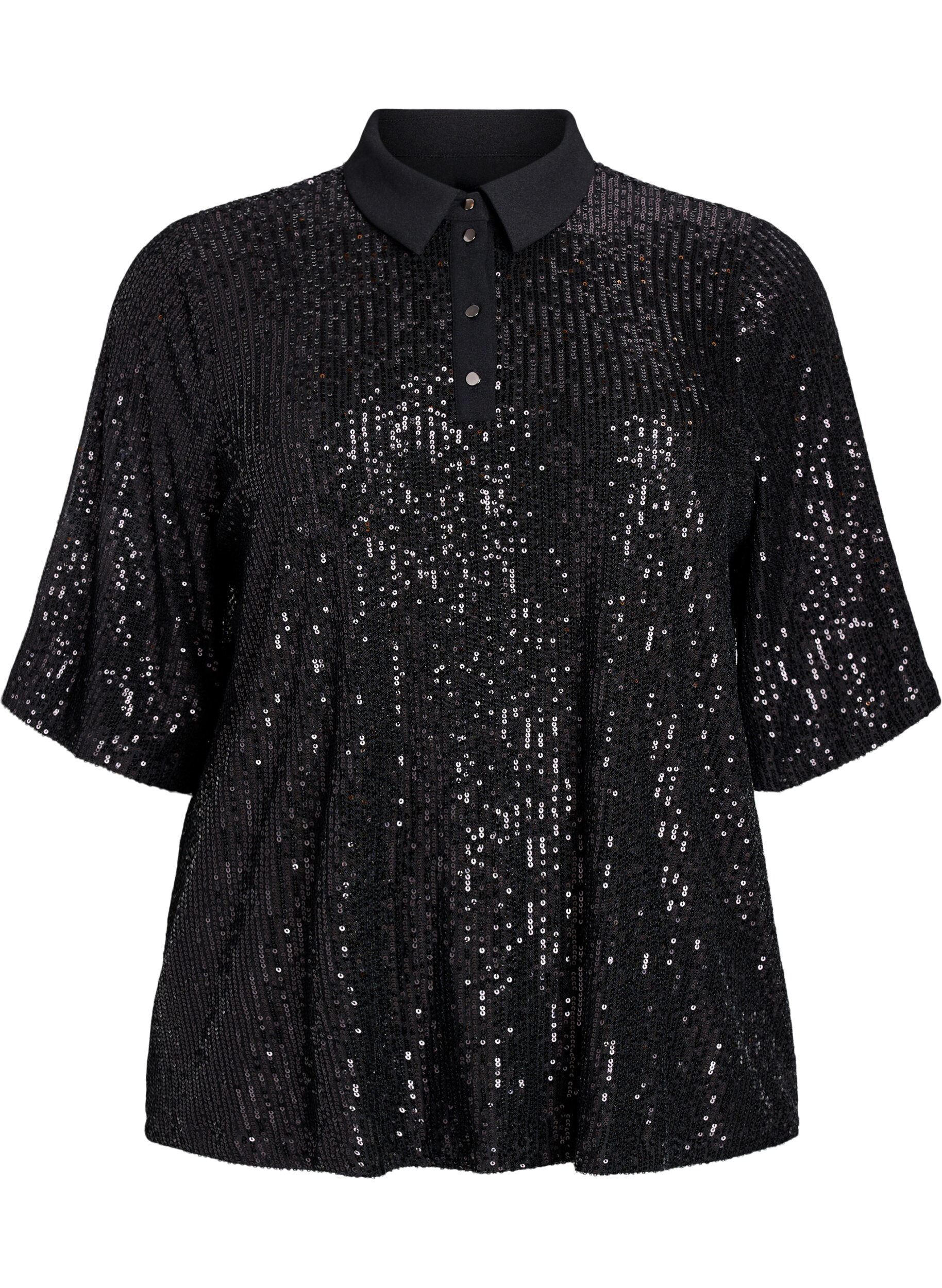 Blouse &agrave; paillettes avec col polo et manches courtes