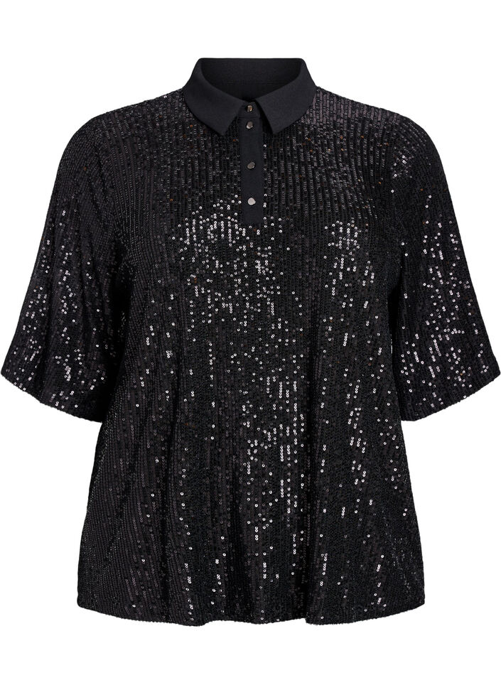 Blouse à paillettes avec col polo et manches courtes, Noir, Packshot image number 0