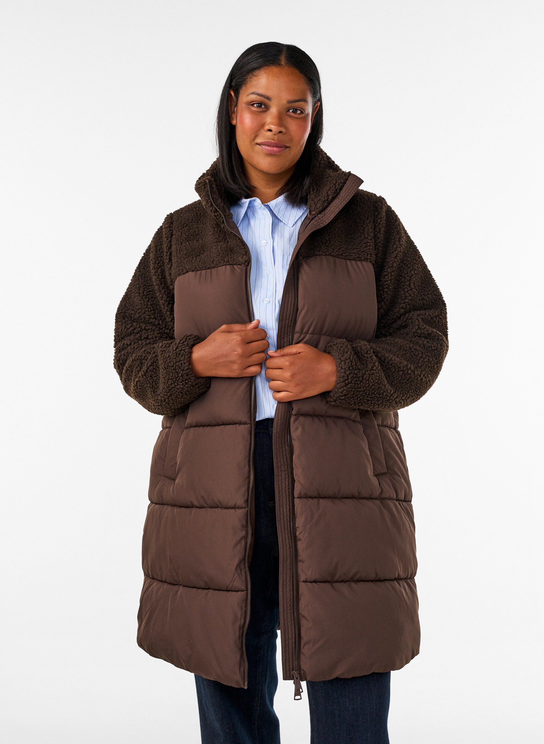 Halflange pufferjas met teddystof, Bruin, Model