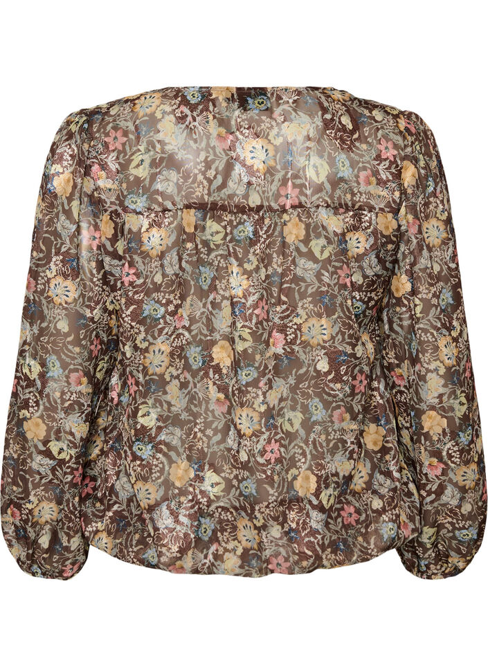Blouse &agrave; imprim&eacute; floral et manches ballon, Marron, Packshot image number 1