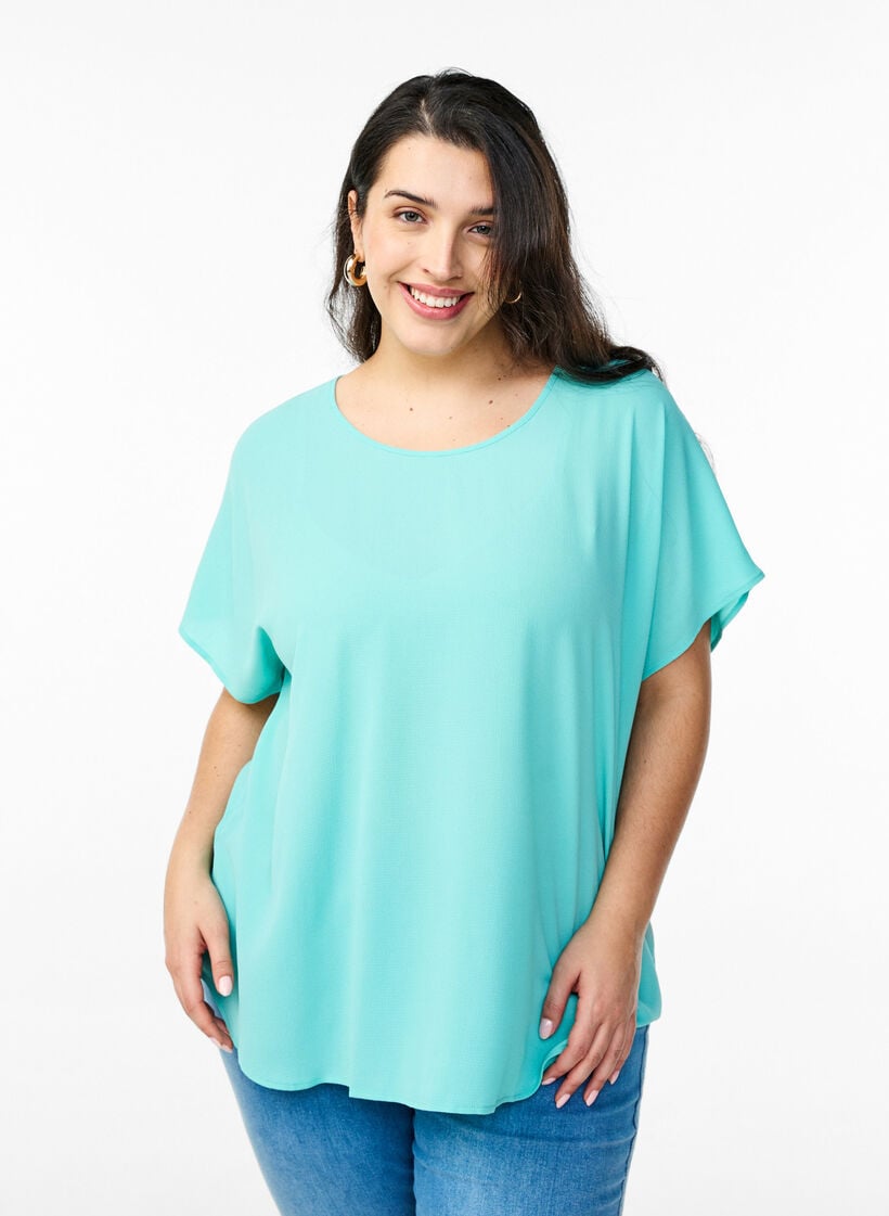 Blouse met korte mouwen en een ronde halslijn, Blauw, Model image number 0