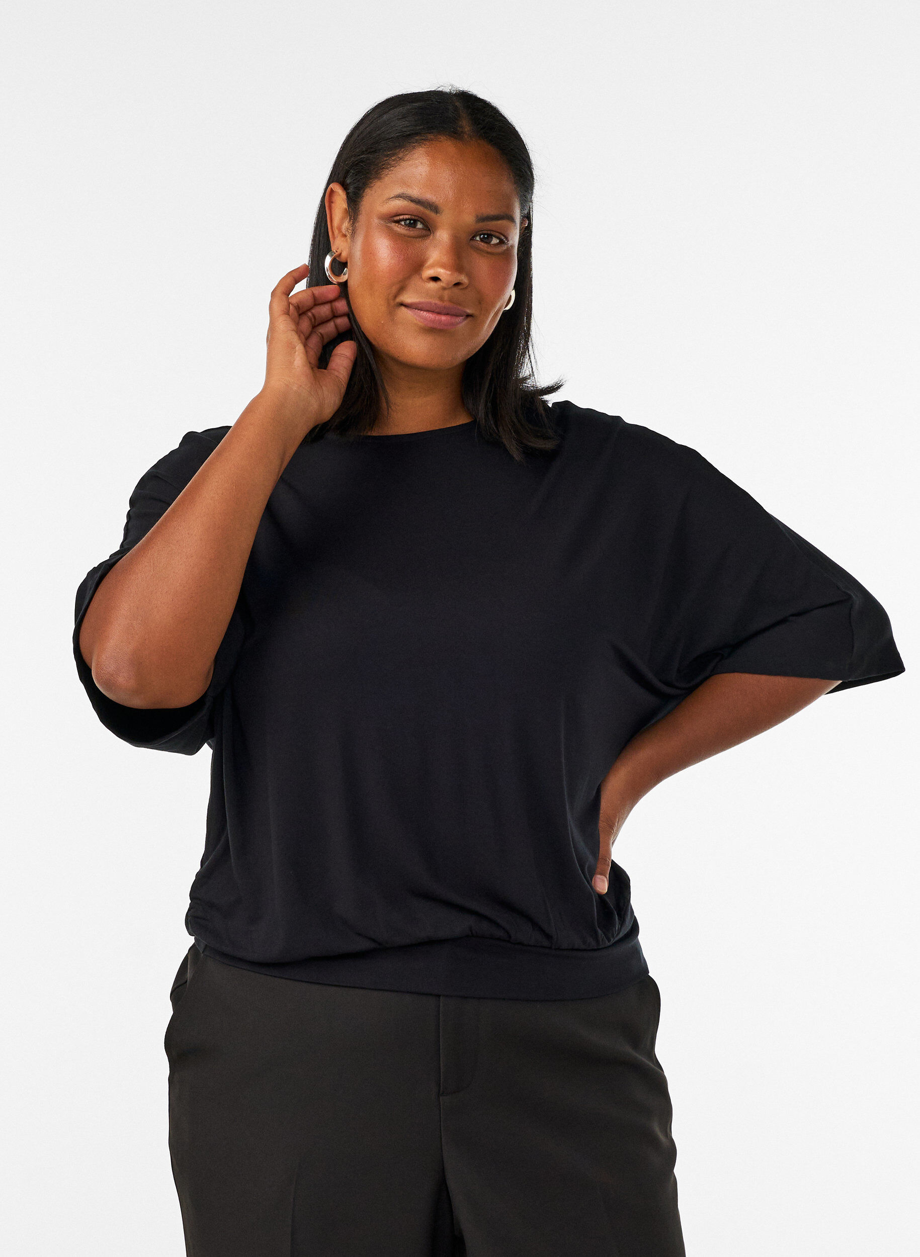 ZizziJersey blouse met halflange ballonmouwen, Zwart, Model image number 0
