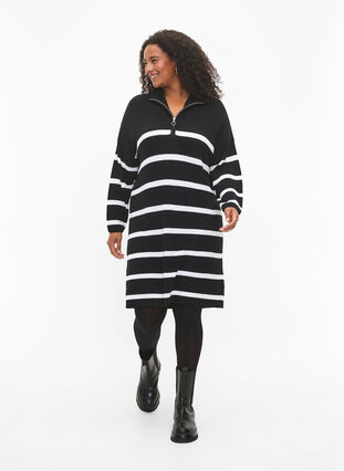 Robe en tricot rayée avec fermeture éclair, Black w.Cloud Dancer, Model image number 2