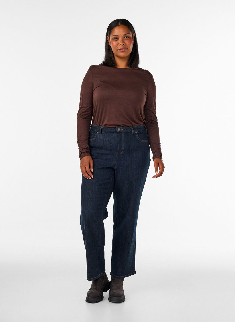 Blouse met lange mouwen van wol en viscose, Bruin, Model image number 1
