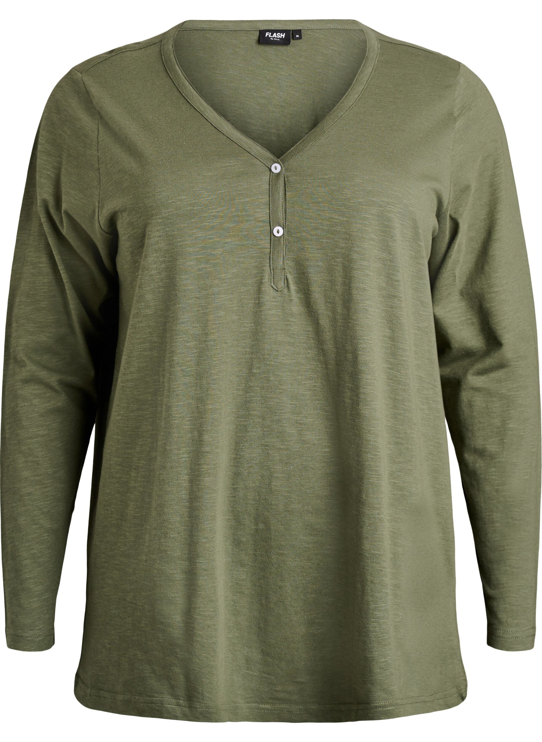 ZizziT-shirt met lange mouwen, V-hals en knopen, Groen, Packshot image number 0