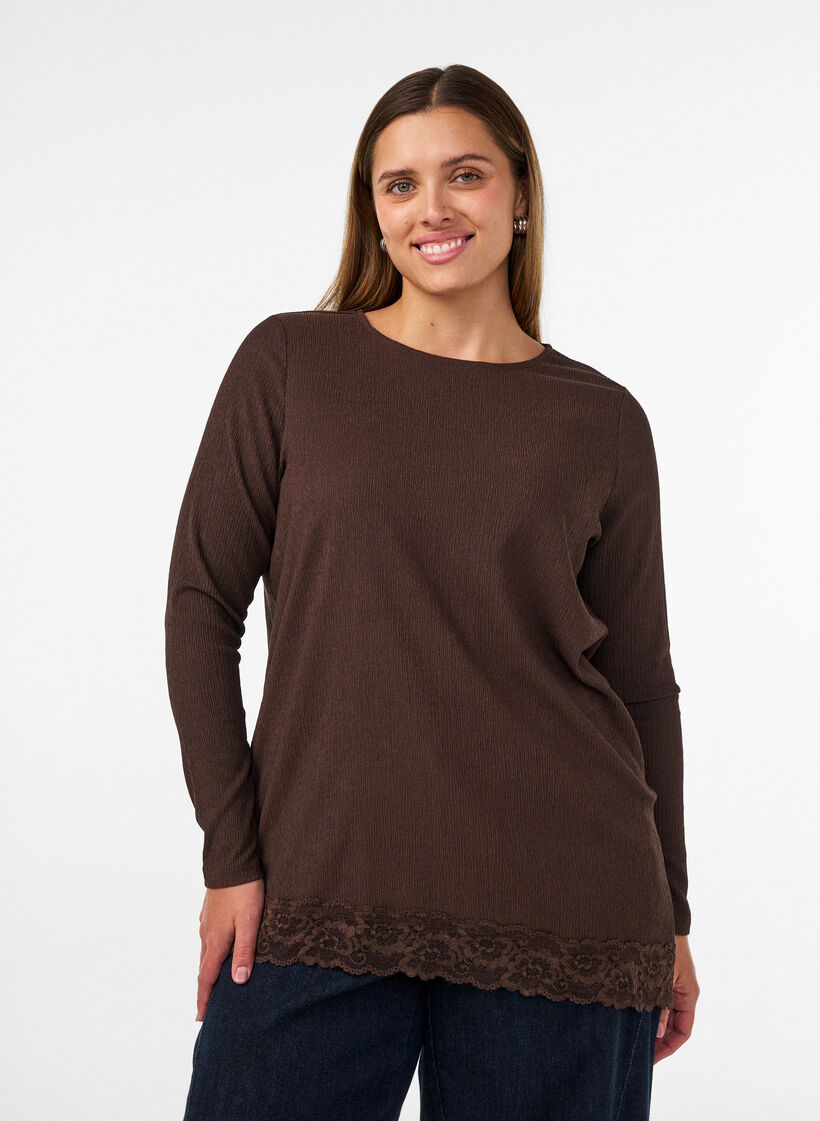 Blouse en jersey avec bordure en dentelle asym&eacute;trique, Marron, Model image number 0