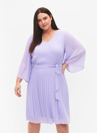 Geplooide jurk met 3/4 mouwen, Lavender, Model image number 0