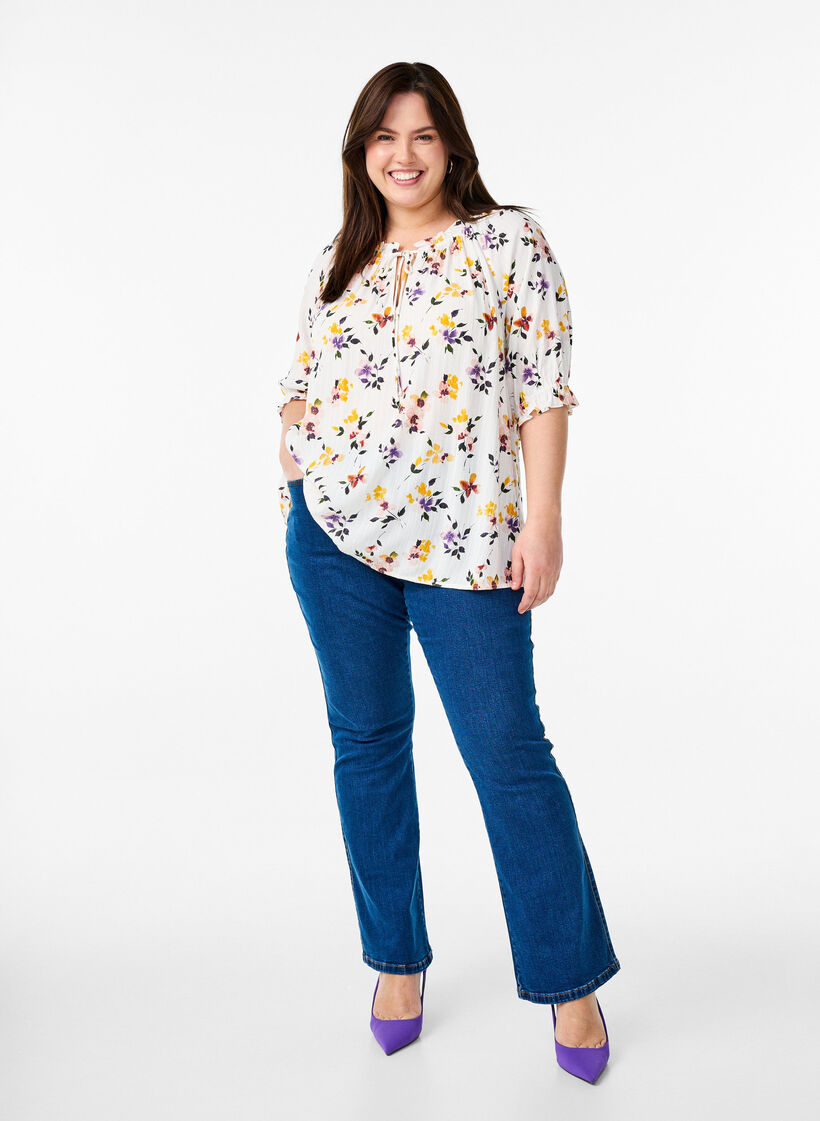 Blouse en viscose &agrave; imprim&eacute; paisley et manches coudes, Blanc, Model image number 1