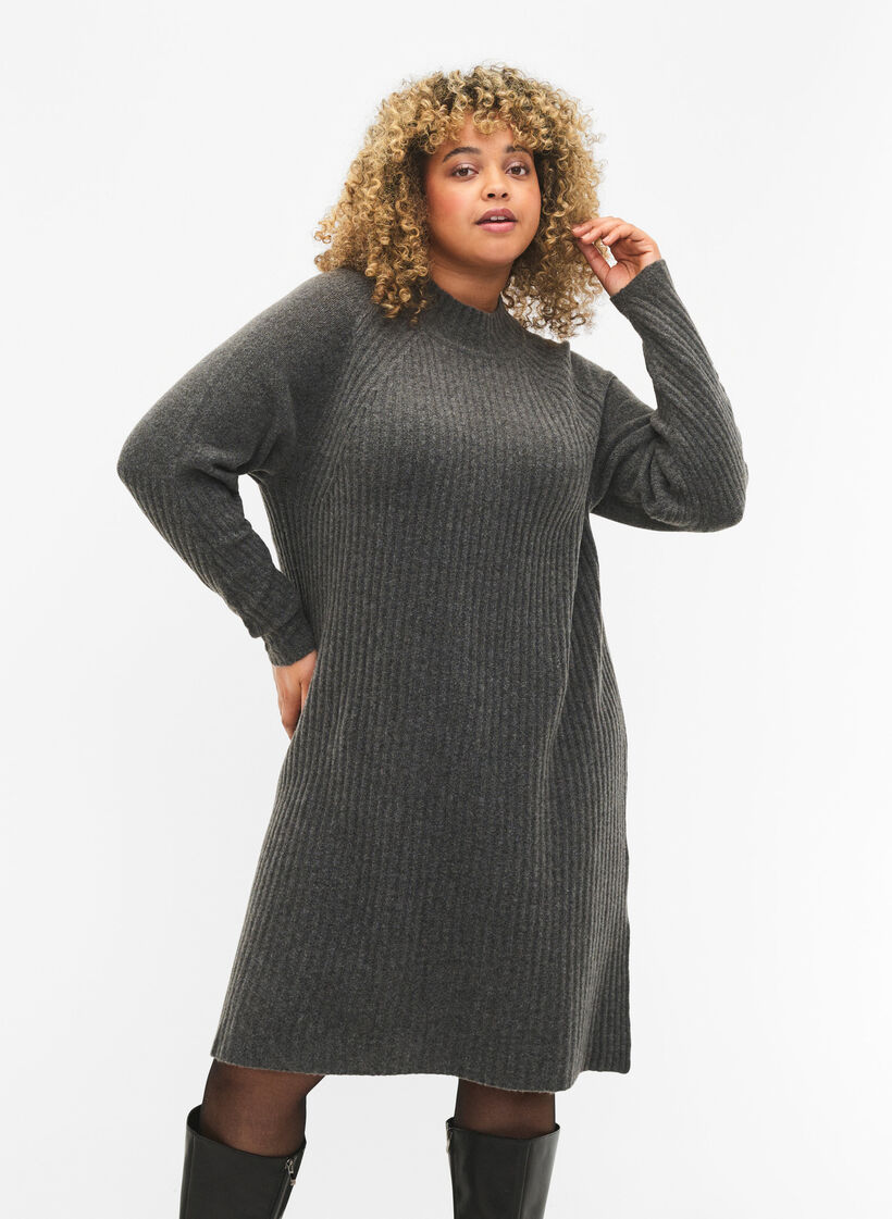 Ribbed Knit Dress met col, Dark Grey Melange, Model image number 0