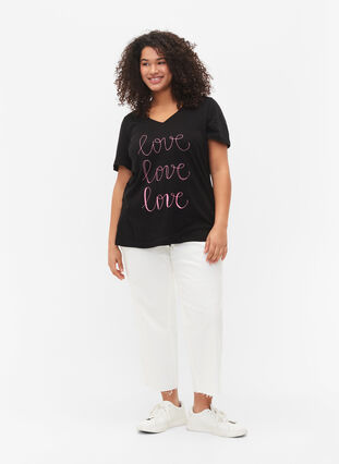 T-shirt en coton avec col en V et imprimé, Black W. Love, Model image number 2