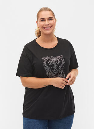 T-shirt avec rivets en coton biologique, Black Owl, Model image number 0